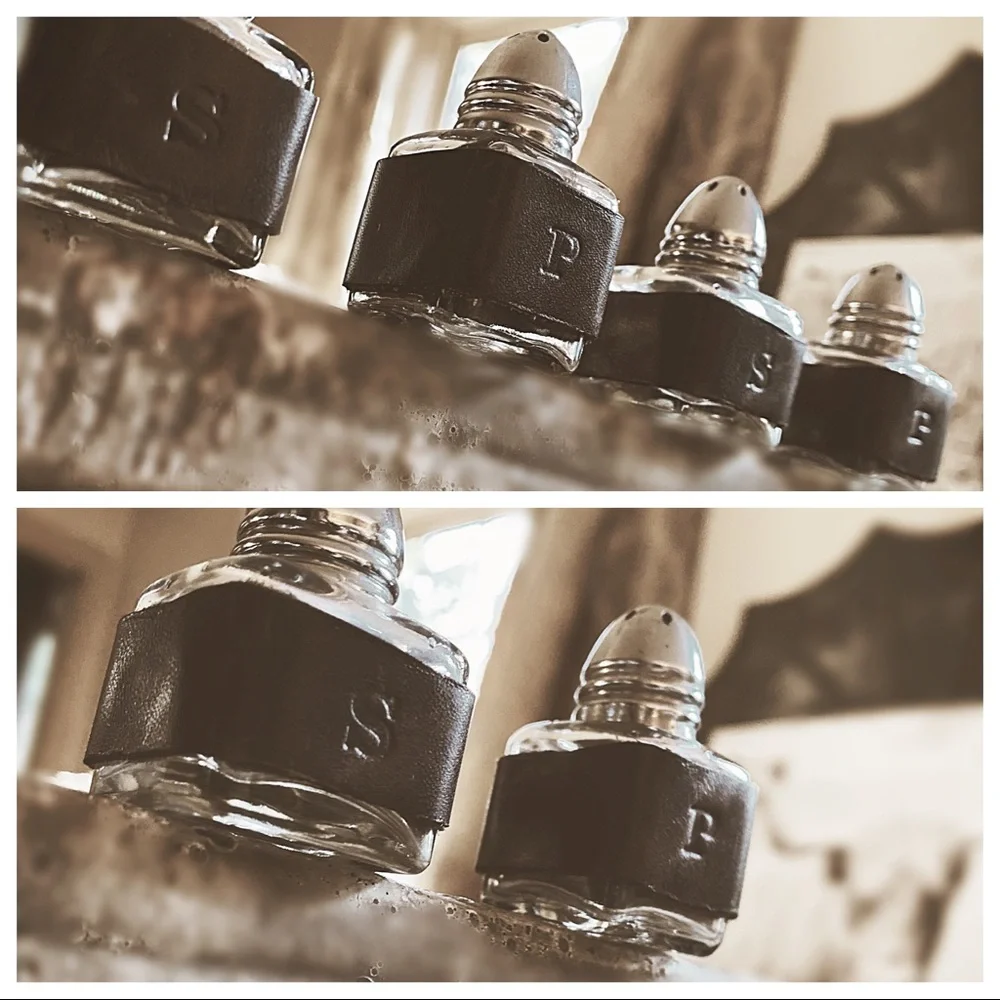 Mini Glass Salt & Pepper Shakers Set | Hand-Wrapped Rustic Italian Leather